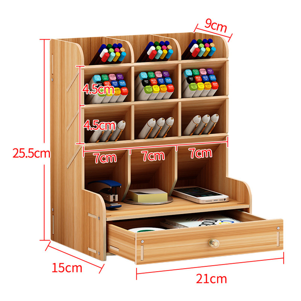 Wooden Desk Organizer Multi-Functional DIY Pen Holder Box Cell Phone Holder Desktop Stationary Home Office Supplies Storage Rack with Drawer