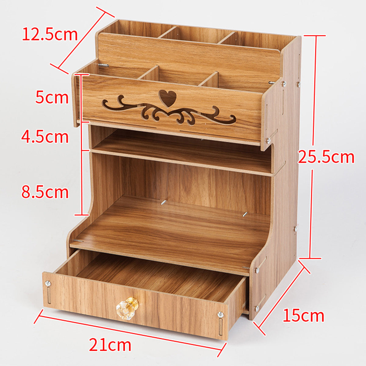 Wooden Desk Organizer Multi-Functional DIY Pen Holder Box Cell Phone Holder Desktop Stationary Home Office Supplies Storage Rack with Drawer