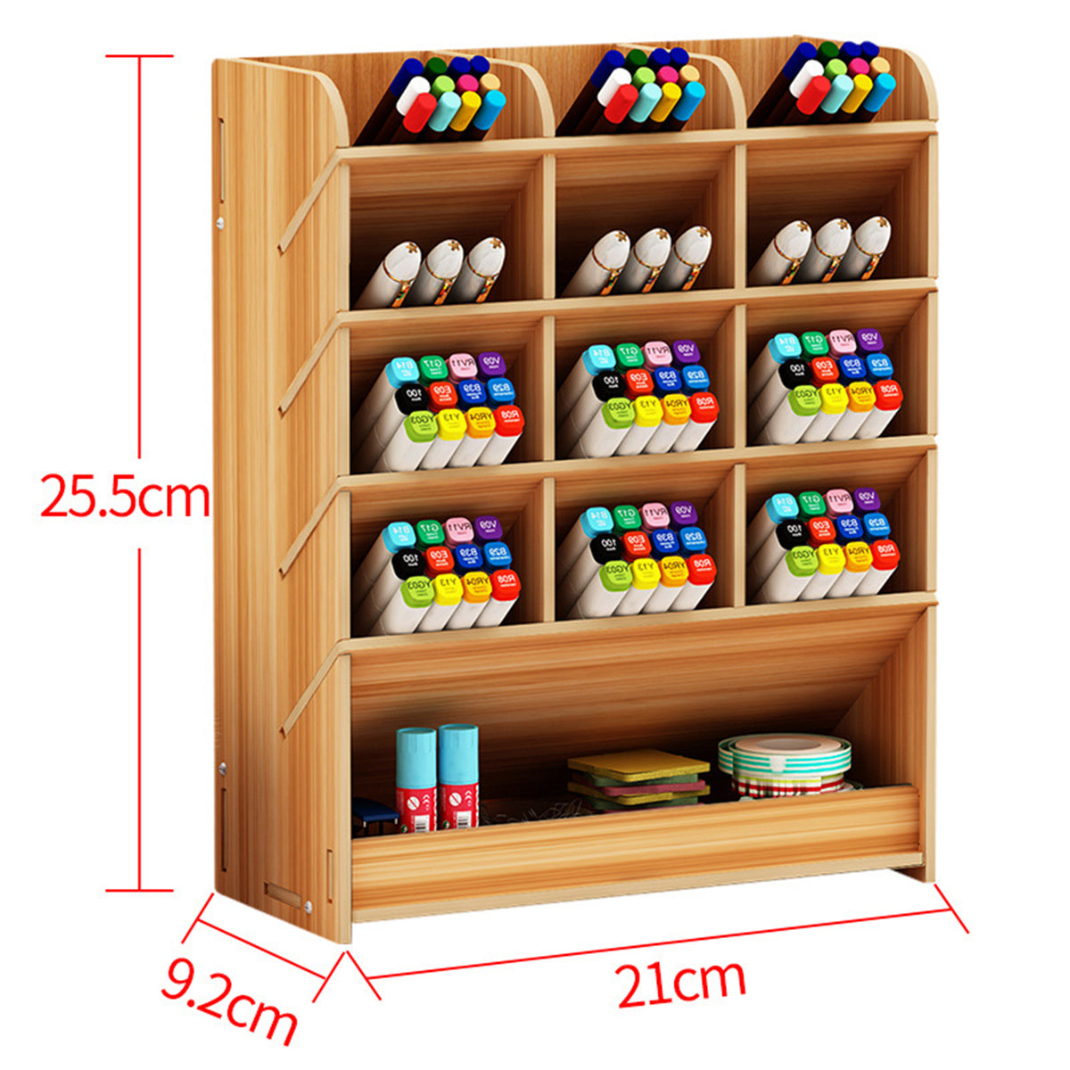 Wooden Desk Organizer Multi-Functional DIY Pen Holder Box Cell Phone Holder Desktop Stationary Home Office Supplies Storage Rack with Drawer